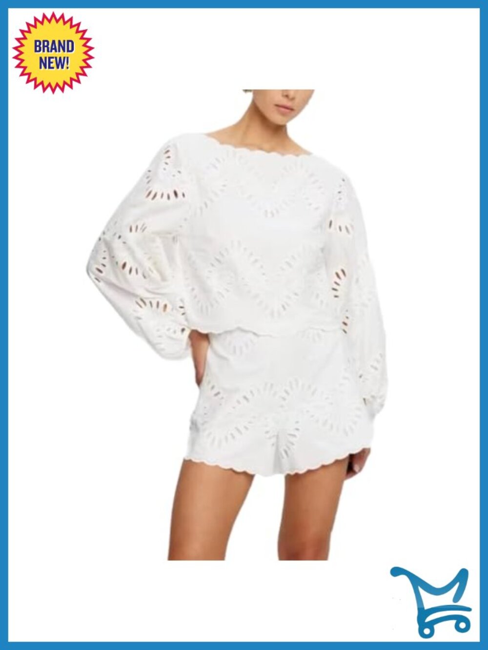 Womens Eyelet 2 Piece Shorts Set Long Sleeve Boat Neck Top High Waist Casual